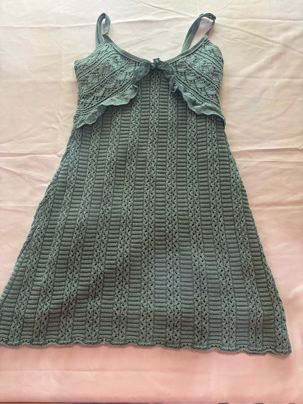 SO Goods For Life XL Sage Green Crochet Knit Ruffle Lined Midi Dress Boho